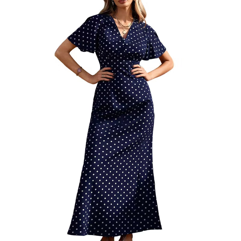 Women's Polka Dot V-Neck Maxi Dress