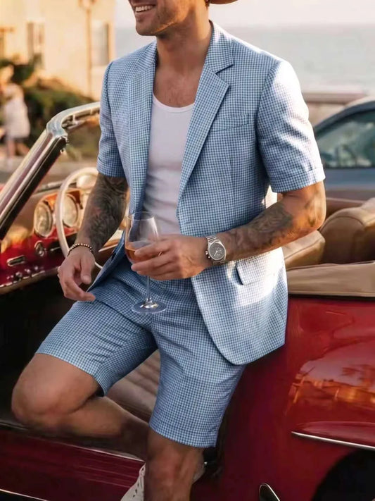 Men's Plaid Short Sleeve Suit Set