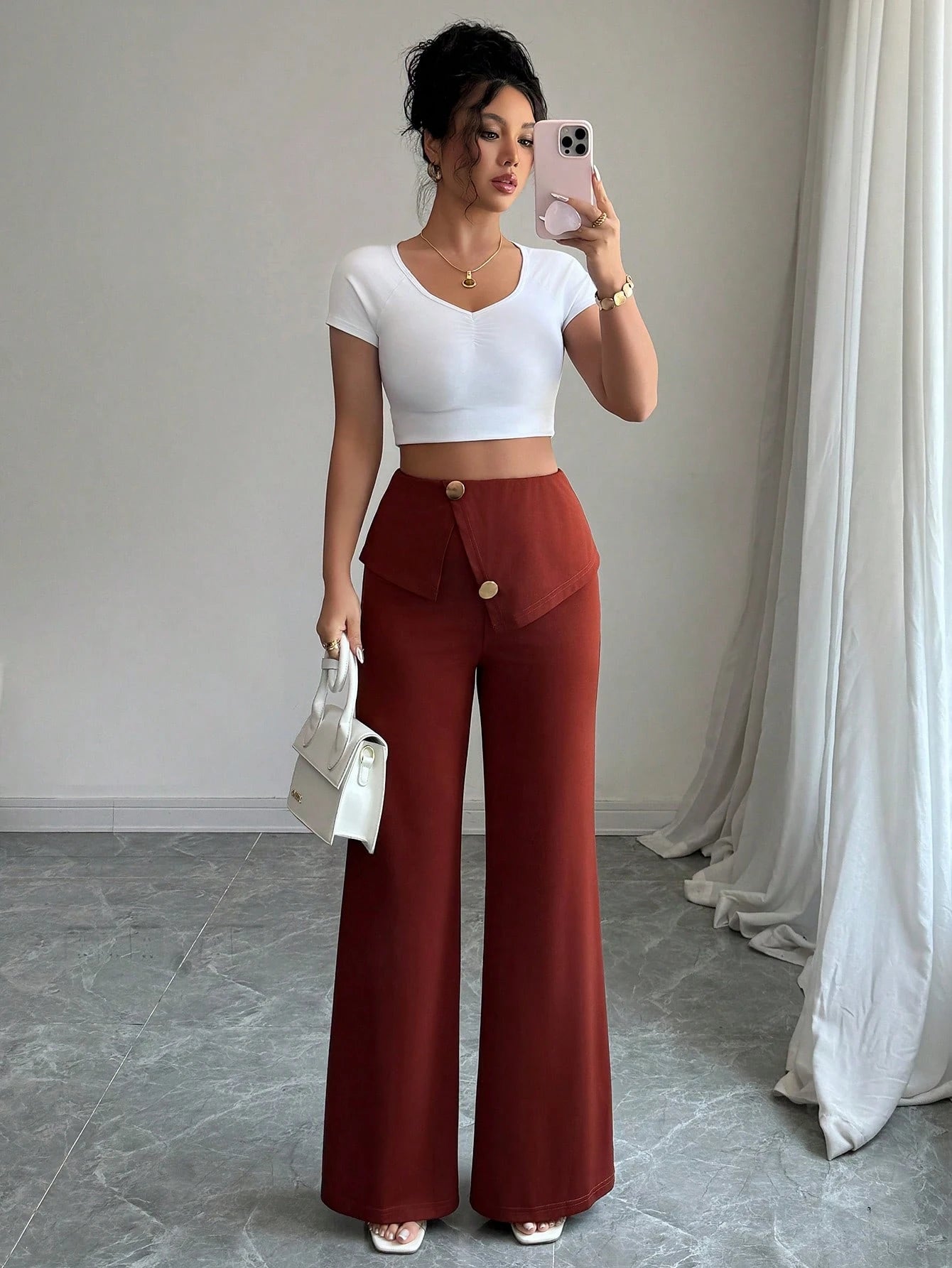 Folded Waist Wide Leg Pants