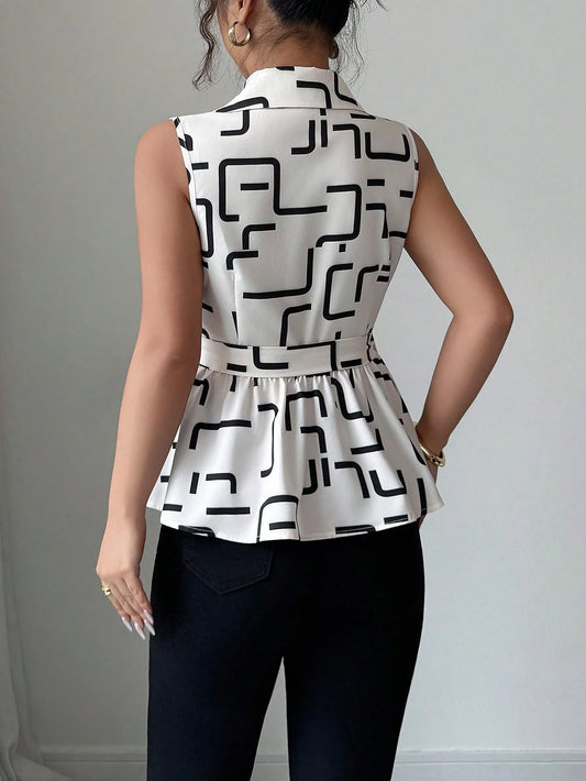 Geometric Ruffle Hem Blouse