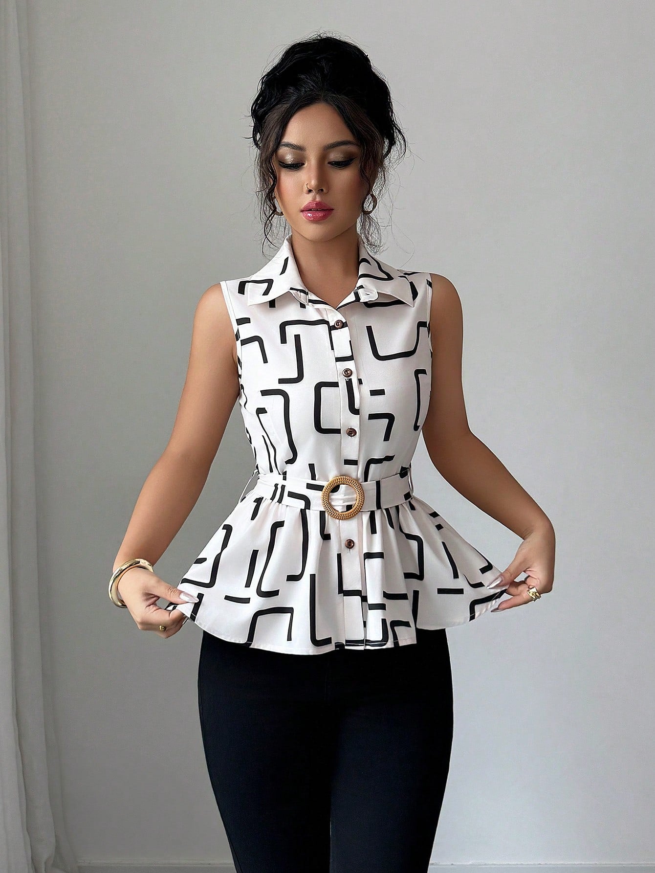 Geometric Ruffle Hem Blouse