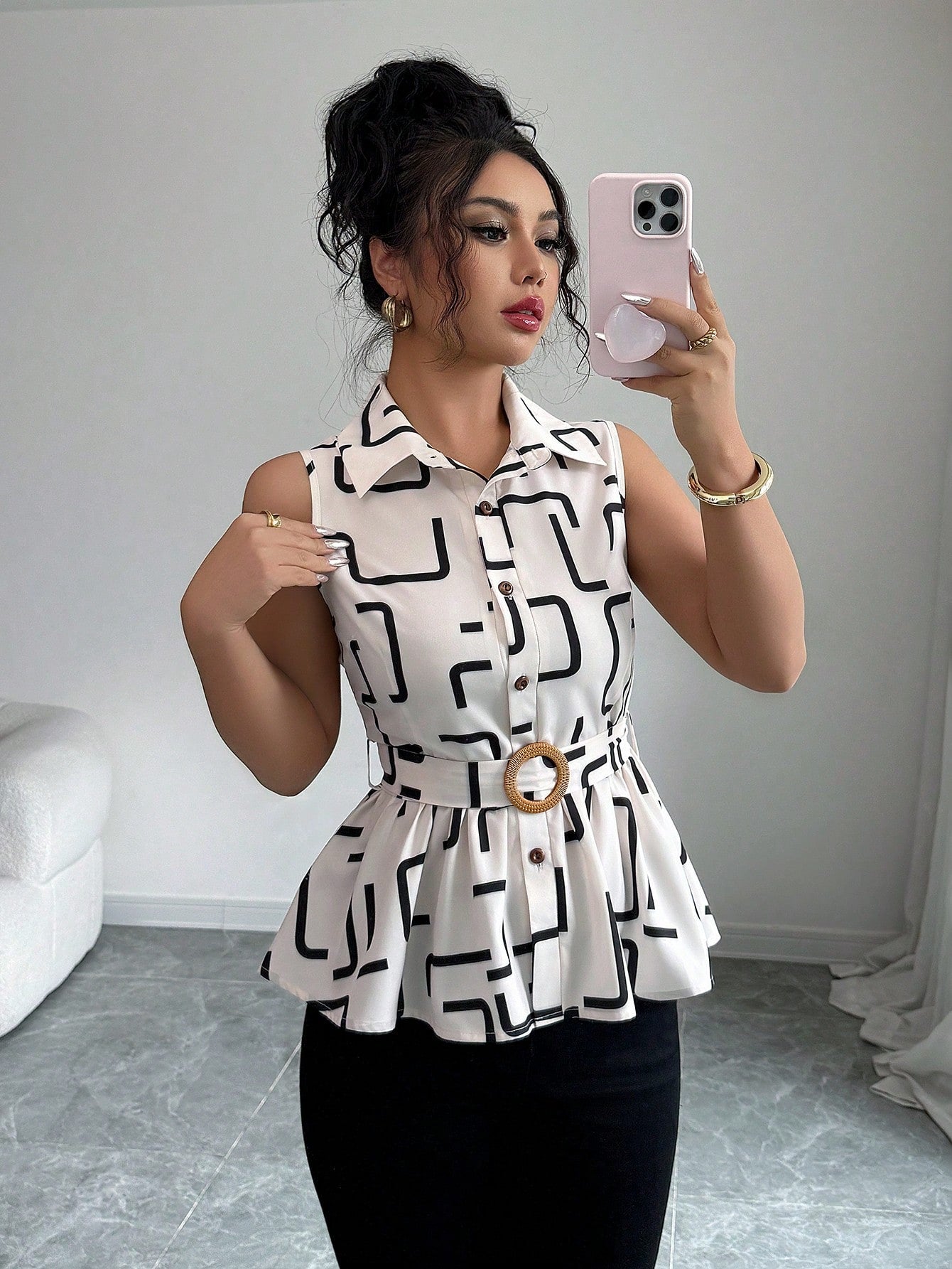 Geometric Ruffle Hem Blouse