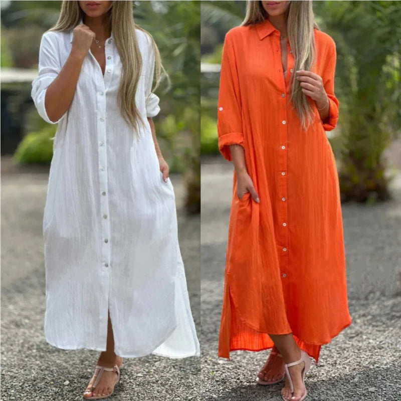 Women's Button-Front Long Sleeve Shirt Dress