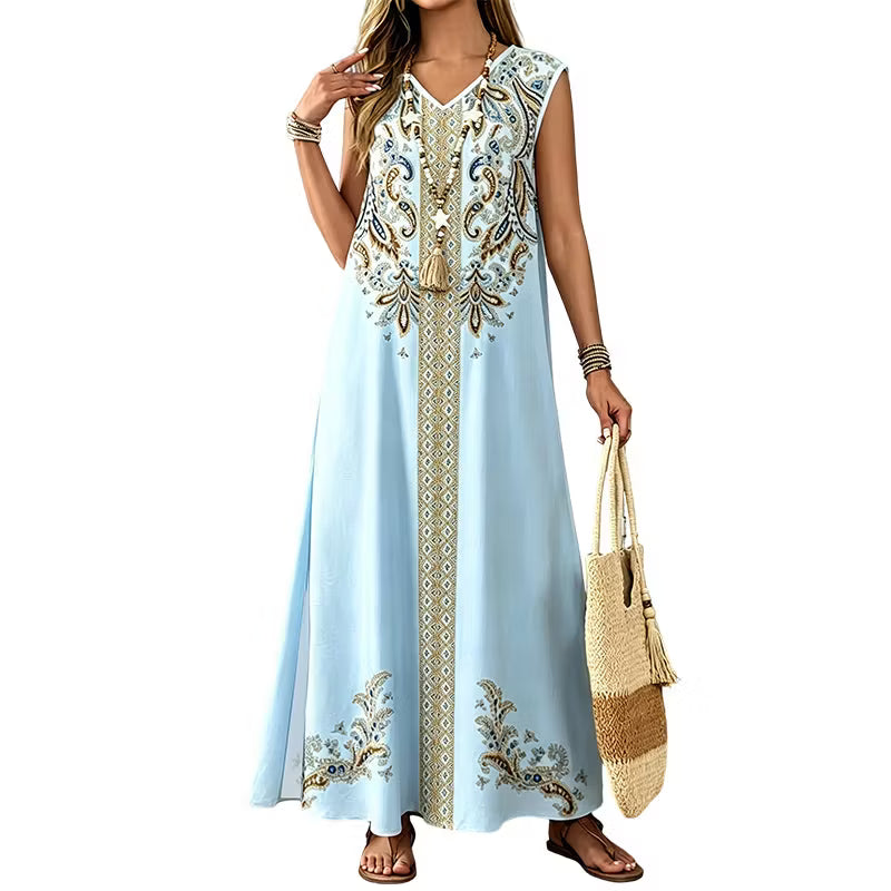 Women's Printed V-Neck Maxi Dress