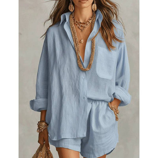 Women's Oversized Button-Up Shirt & Shorts Set