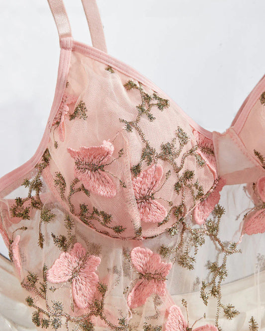 Women's Butterfly Embroidered Mesh Babydoll Lingerie Set