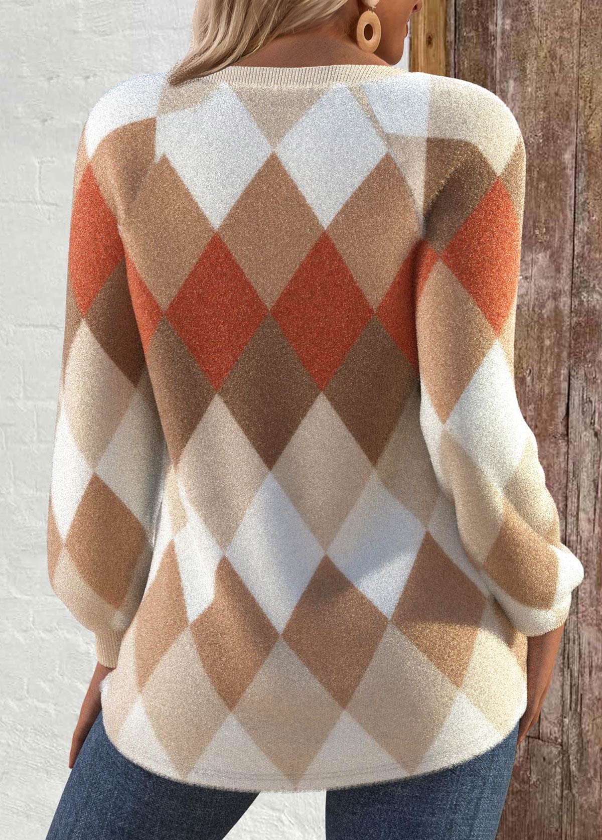 Women's Argyle Print Button Detail Sweater