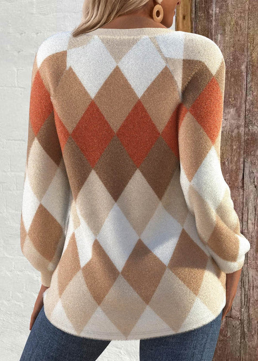 Women's Argyle Print Button Detail Sweater