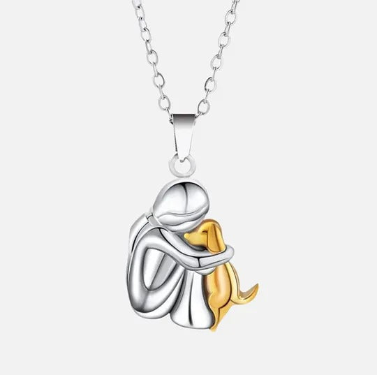 Human and Dog Hug Pendant Necklace