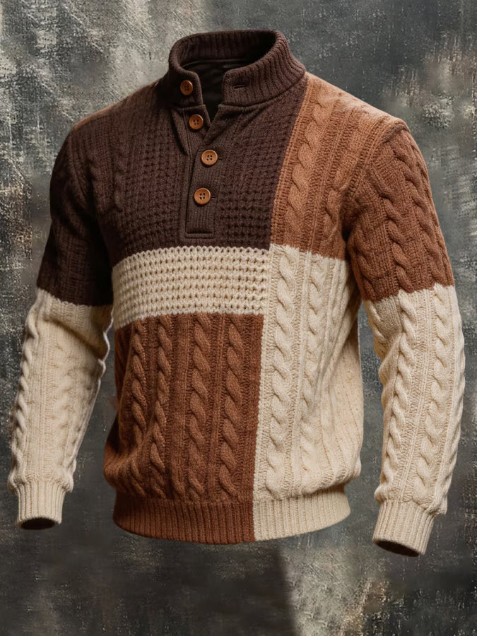 Men's Button-Collar Cable Knit Sweater