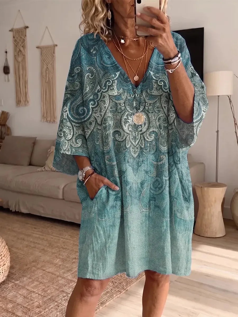 Women's Paisley Print V-Neck Pocket Dress