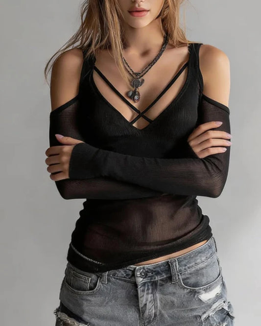 Women's Crisscross Cold Shoulder Ribbed Top