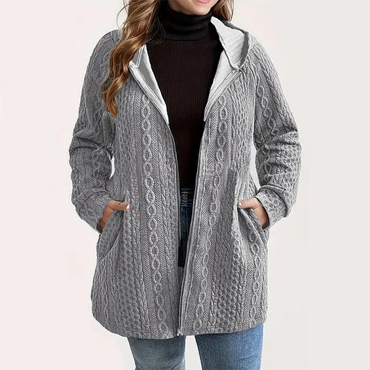 Women's Cable Knit Hooded Jacket with Zipper