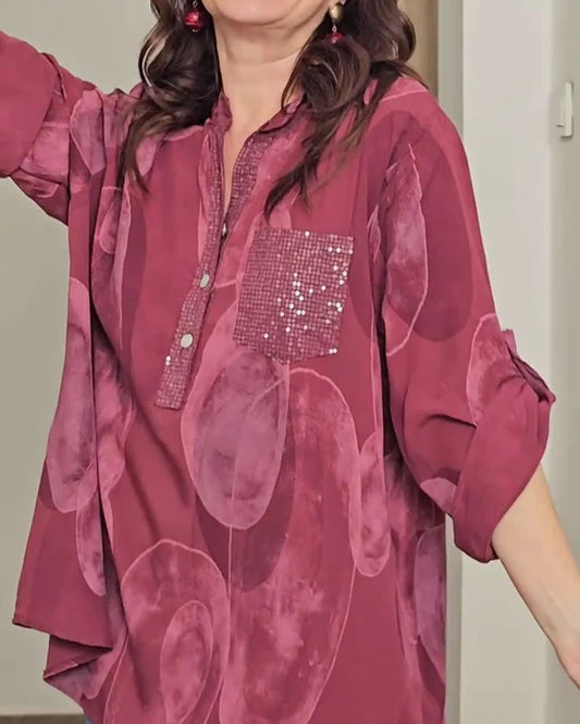 Women’s Printed Roll-Tab Sleeve Tunic Blouse with Pocket