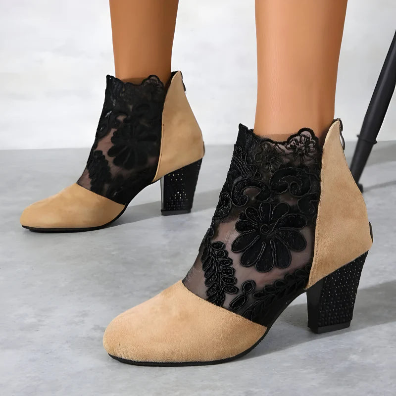 Women's Floral Mesh Block Heel Ankle Boots