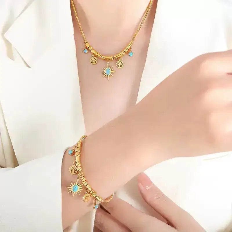 Bohemian Sun Charm Necklace & Bracelet Set