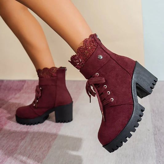 Women's Lace-Up Block-Heel Ankle Boots