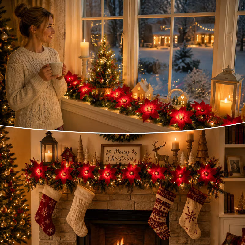 Christmas Poinsettia Garland with Lights
