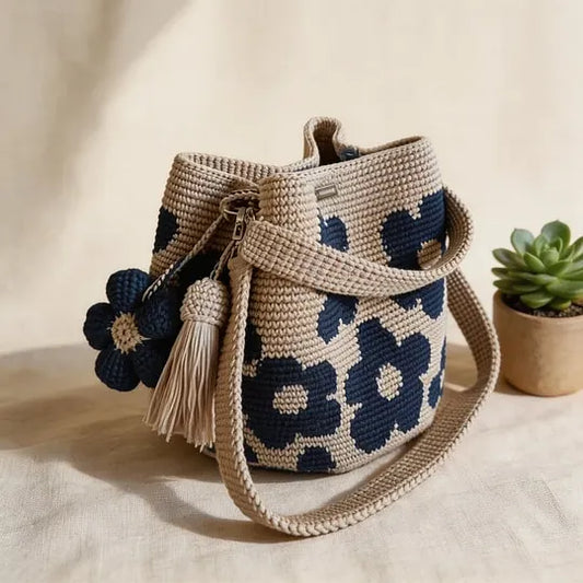 Crochet-Style Floral Bucket Shoulder Bag