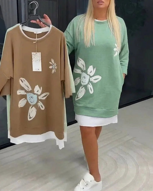 Women’s Casual Floral Print Patchwork Sweatshirt Dress