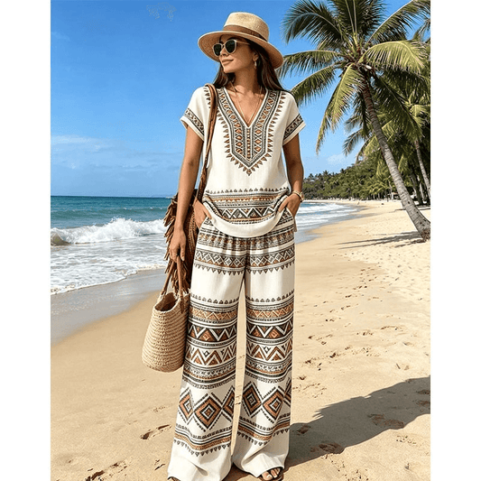 Women's Printed V-Neck Two-Piece Lounge Set