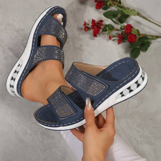 Women's Rhinestone Double Strap Wedge Sandals