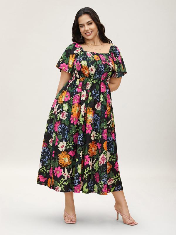 Women's Floral Smocked Square Neck Midi Dress with Pockets