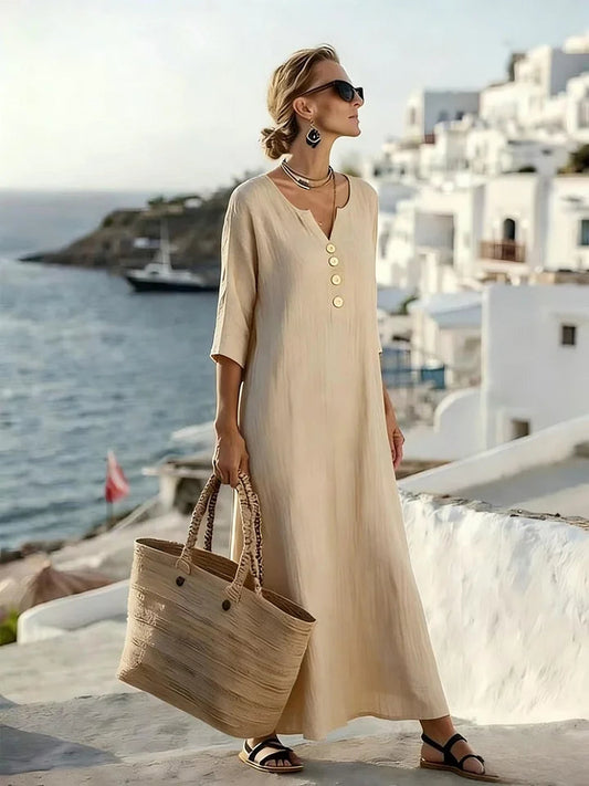 Women’s Relaxed V-Neck Button Detail Maxi Dress