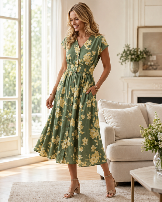 Women’s Floral Button-Front Midi Dress