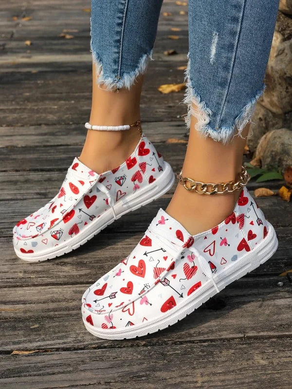 Women’s Heart Print Canvas Slip-On Shoes