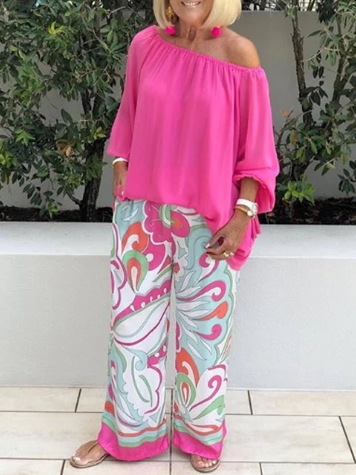 Women's Off-Shoulder Top and Printed Pants Set