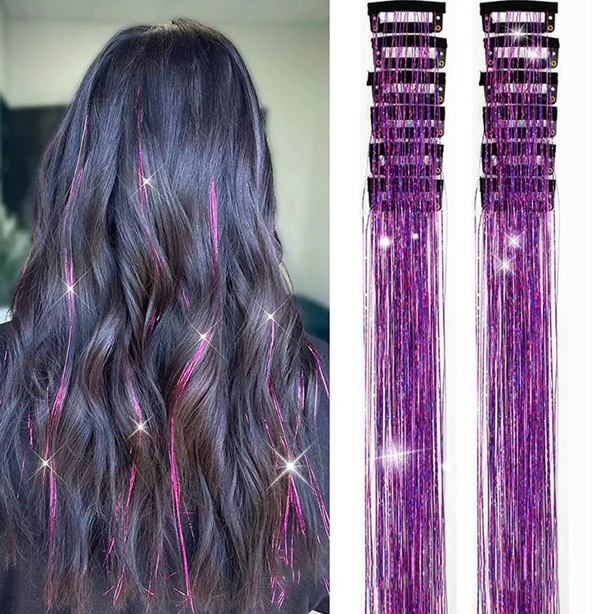 12-Pack Clip-In Sparkle Hair Tinsel Strands