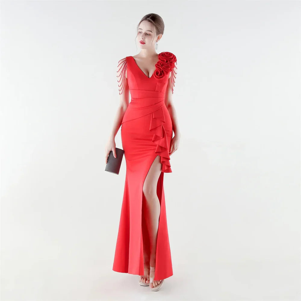 Women's Floral Shoulder Ruffle Evening Gown