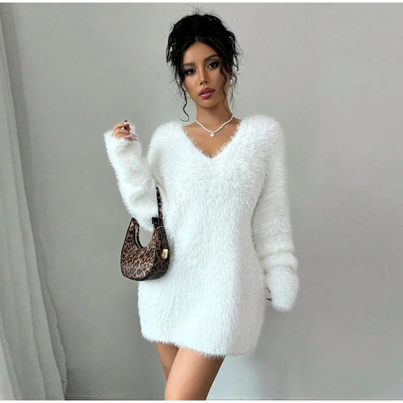 Women's V-Neck Textured Sweater Dress