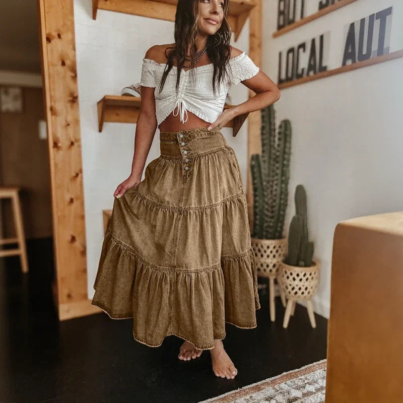 Women's Tiered Denim Maxi Skirt