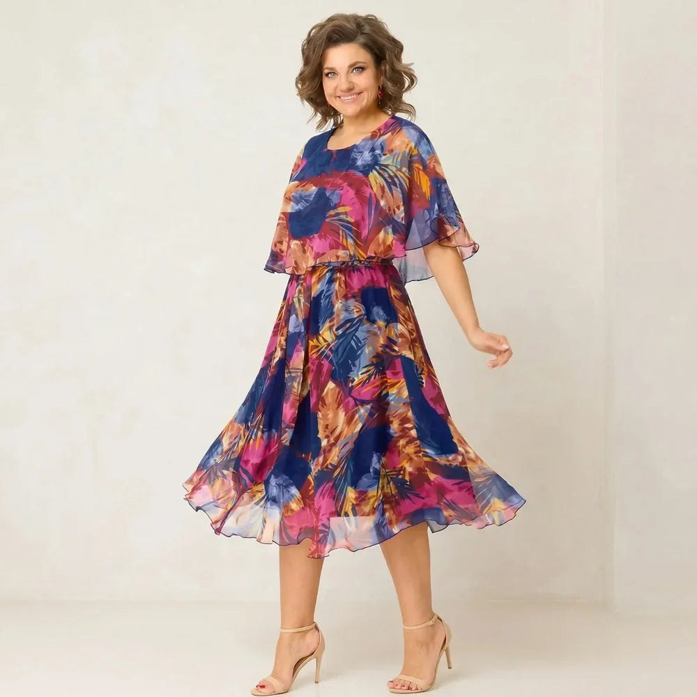 Women's Printed Chiffon Overlay Midi Dress