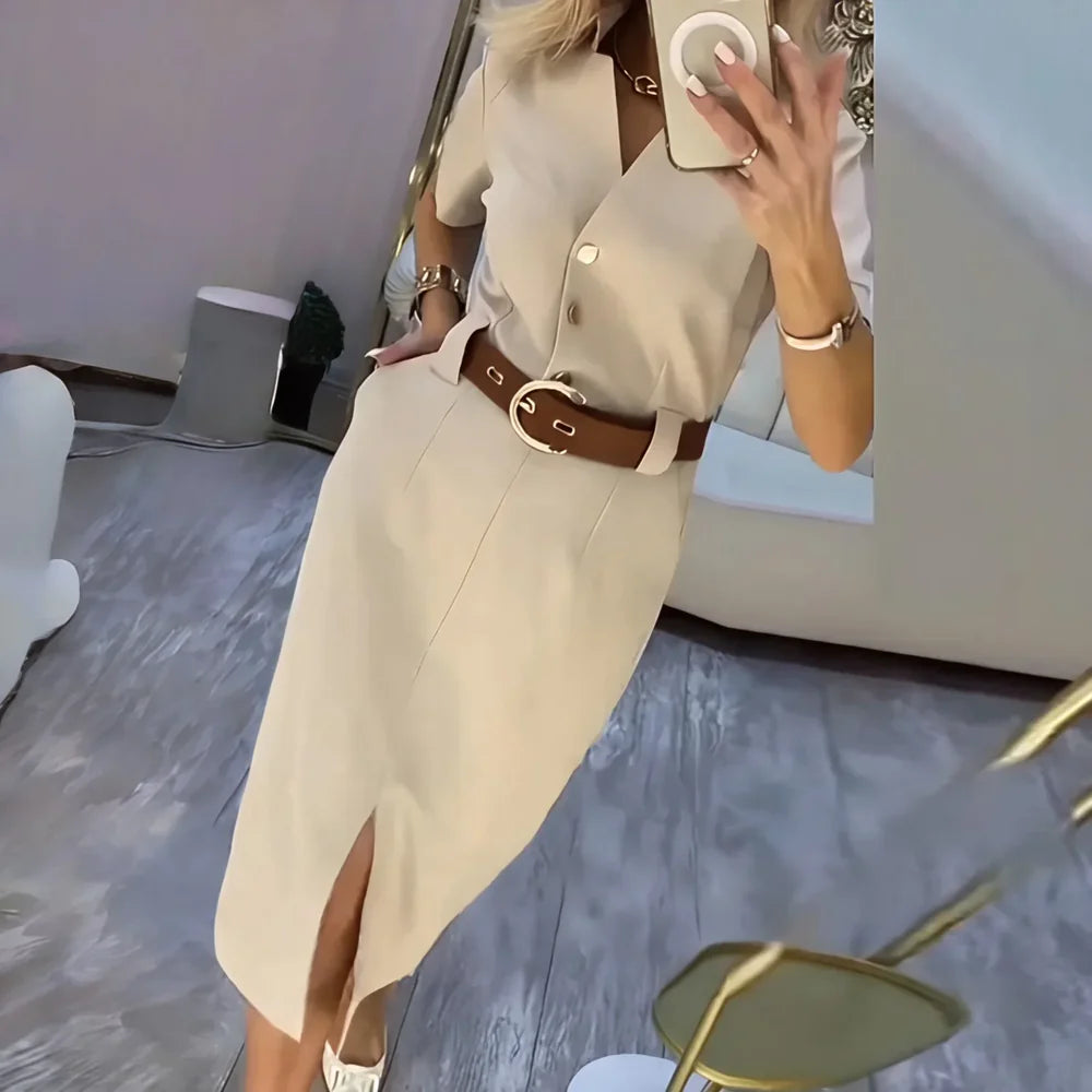 Women's Belted Front Slit Shirt Dress