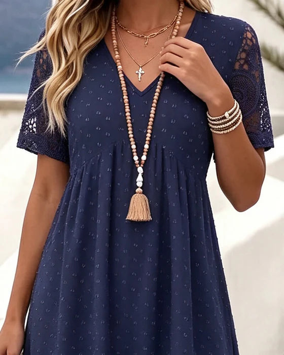 V-Neck Midi Dress with Lace Sleeves