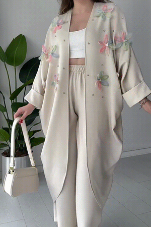 Women's Embroidered Kimono & Wide-Leg Pants Set