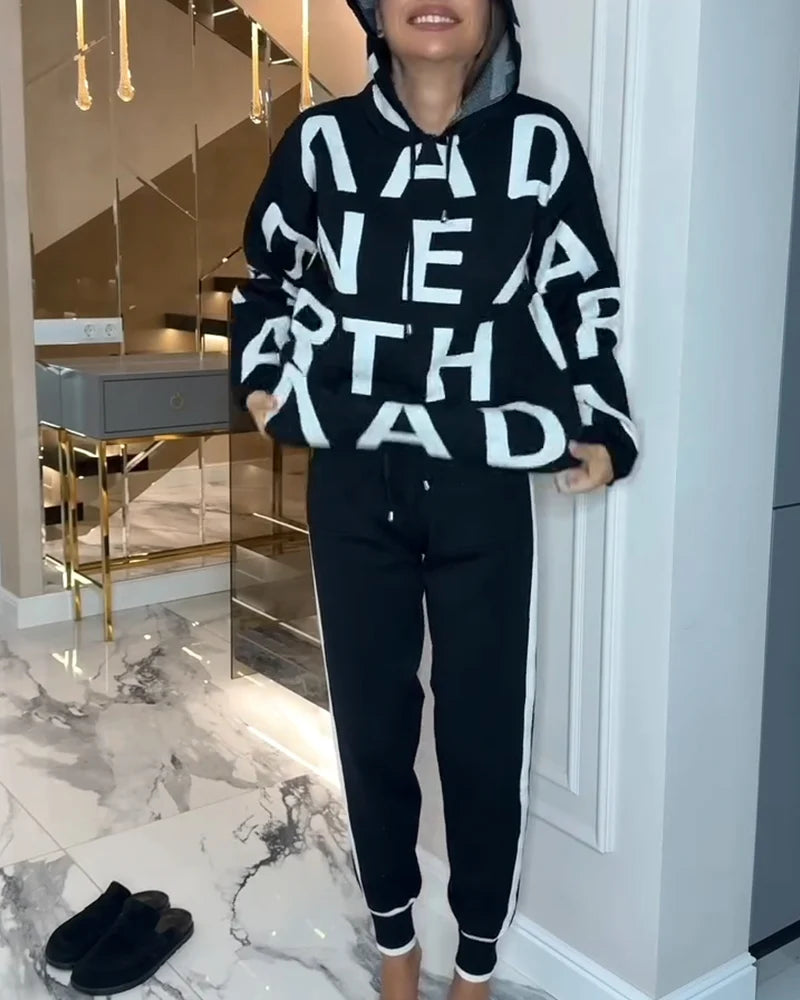Women's Letter Print Hooded Two-Piece Set