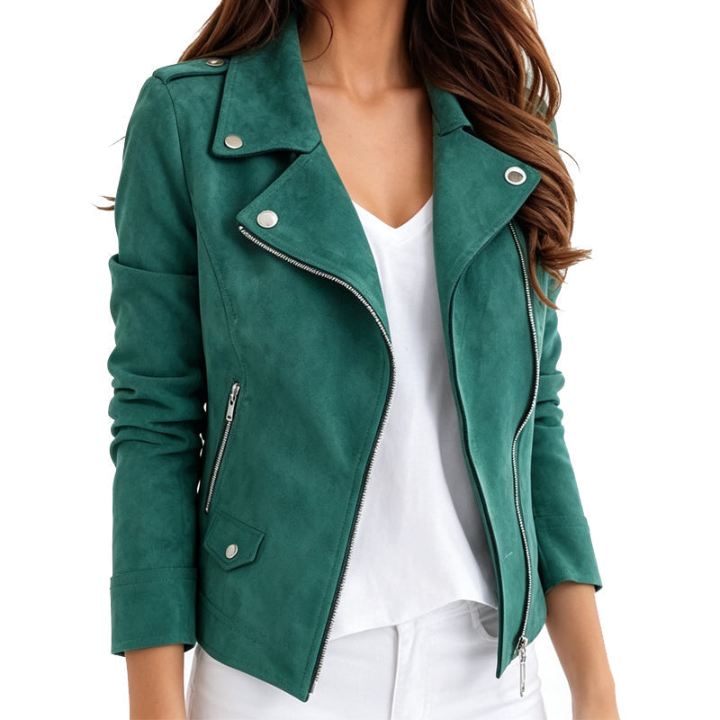 Women's Suede-Look Biker Jacket with Lapels