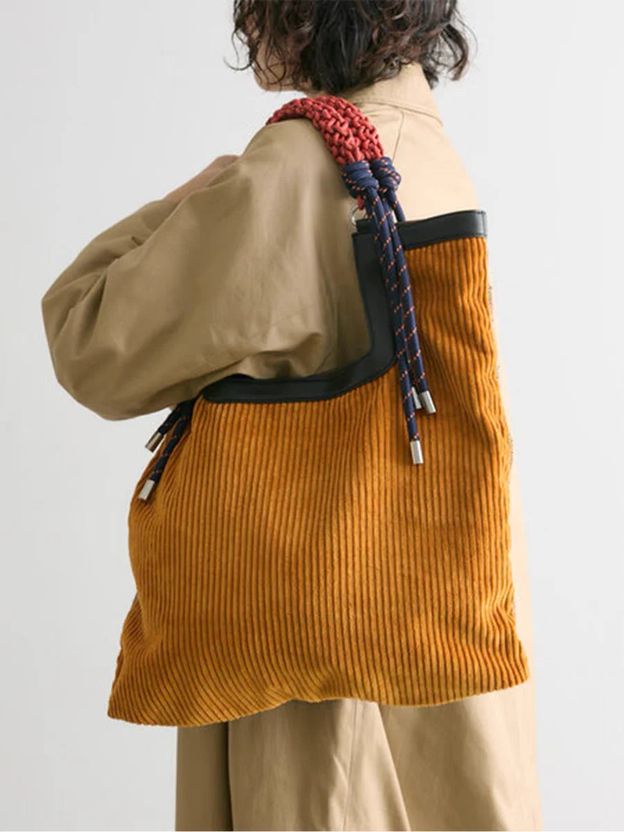 Women's Corduroy Tote Bag with Woven Handle