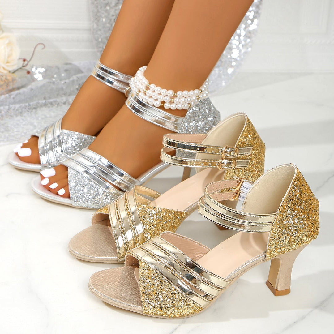 Women's Glitter Ankle Strap Block Heel Sandals