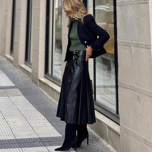 Women's Pleated Skirt with Side Buckle Details