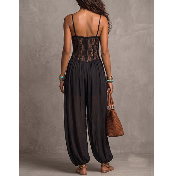 Women's Lace Bodice Sheer Leg Jumpsuit