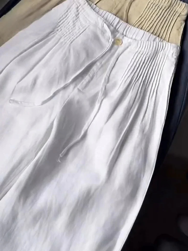 Women’s Pleated Drawstring Wide Leg Cotton Linen Trousers