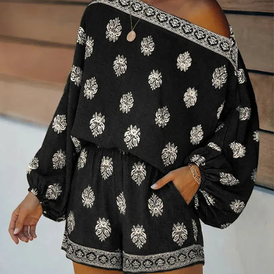 Women’s Boho Off-Shoulder Printed Romper Set