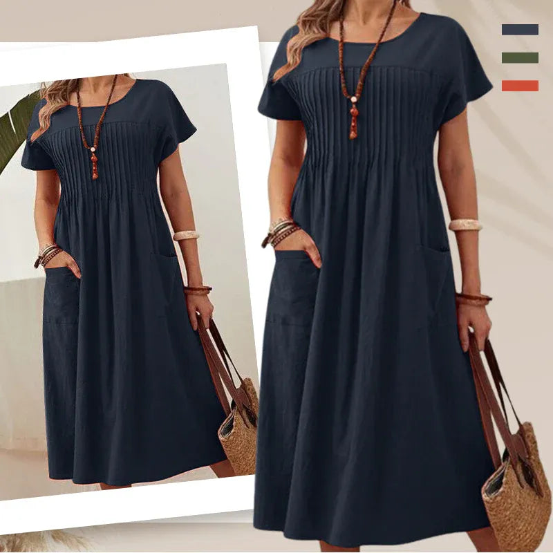 Women’s Short Sleeve Pleated Pocket Midi Dress
