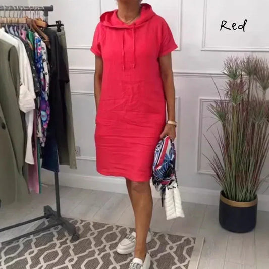 Women’s Casual Hooded Short Sleeve Linen Blend Dress with Pockets