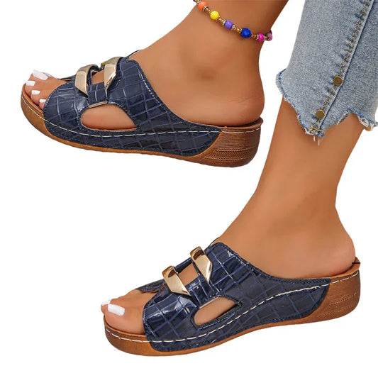 Women’s Metallic Accent Open-Toe Wedge Sandals